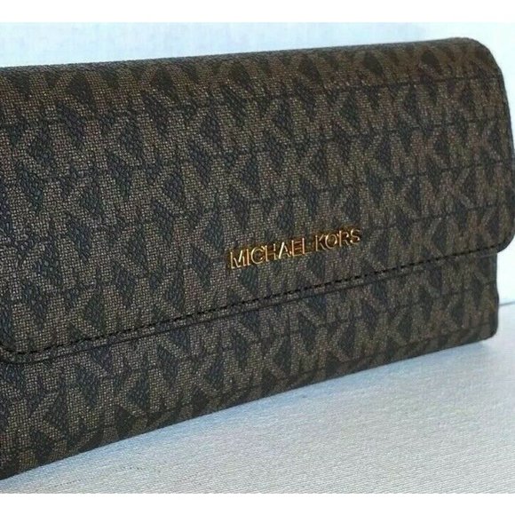 New Michael Kors Jet Set Travel Large Trifold Wallet Signature Brown - Picture 3 of 4